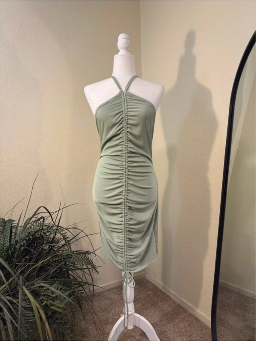 Princess Polly Sage Green Ruched Halter Bodycon Dress